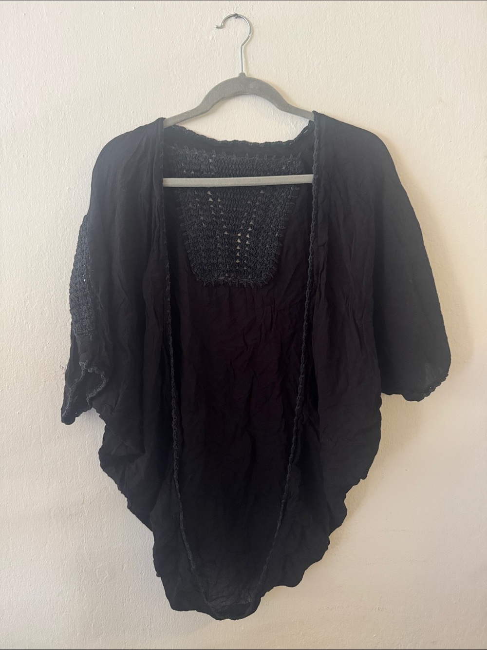 Linen Black Crochet Trim Open-Front Women’s Beach Coverup